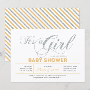 Zilver   Meisje, Moderne Typografie Baby Shower Kaart