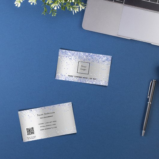 Zilver metaal lichtblauw QR-code Visitekaartje