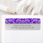 Zilver Metaal Paarse Damask Bruiloft Adres Label (Insitu)