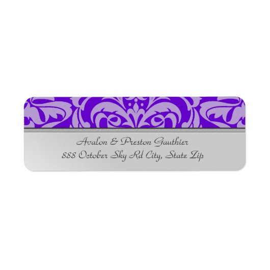 Zilver Metaal Paarse Damask Bruiloft Adres Label (Voorkant)