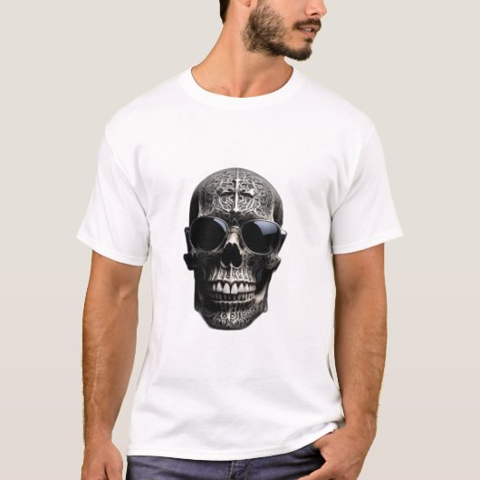 Zilver Metallic 3D schedel kruis dragen zonnebril T-shirt (Voorkant)