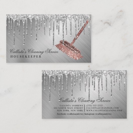 Zilver Metallic Glitter Druppels Reinigingsdienst Visitekaartje (Voorkant / Achterkant)
