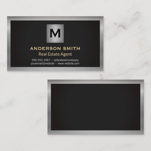 Zilver Metallic Lijst | Zwarte textuur | Monogram Visitekaartje (Voorkant / Achterkant)