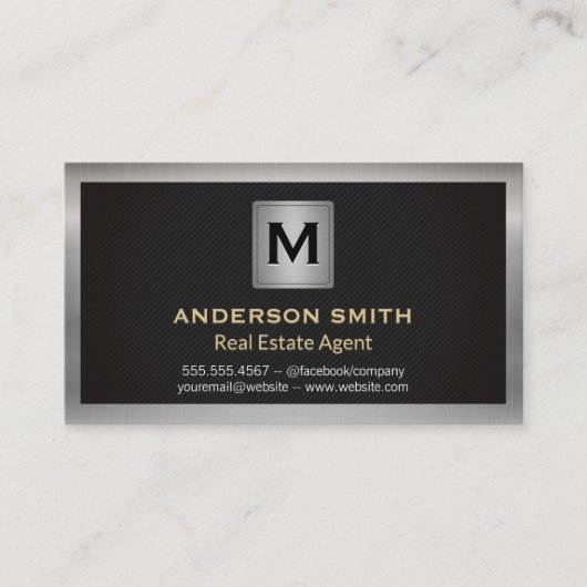 Zilver Metallic Lijst | Zwarte textuur | Monogram Visitekaartje (Voorkant)