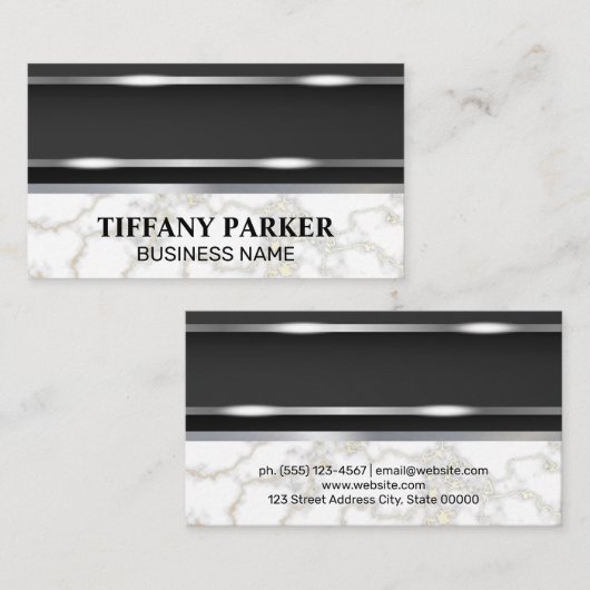 Zilver metallic | Witte marmeren metalen bekleding Visitekaartje (Voorkant / Achterkant)