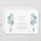 Zilver & Mint Balloon Zweet Zestien Birthday Party Kaart (Voorkant)