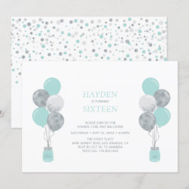 Zilver & Mint Balloon Zweet Zestien Birthday Party Kaart