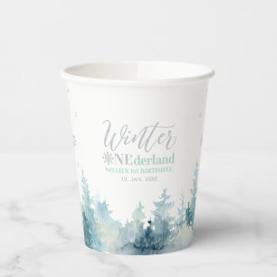 Zilver & Mint Winter Onderland 1e Verjaardagsfeest Papieren Bekers