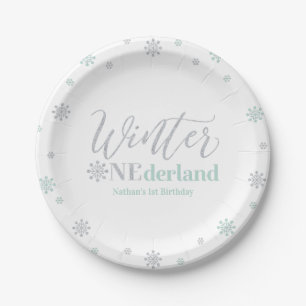 Zilver & Mint Winter Onederland 1e verjaardag Papieren Bordje