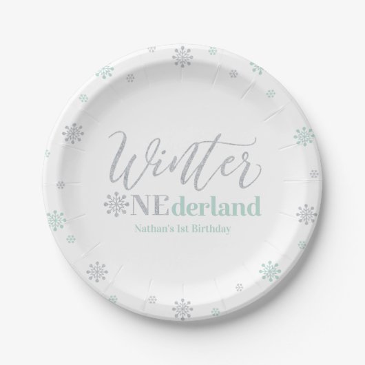 Zilver & Mint Winter Onederland 1e verjaardag Papieren Bordje (Voorkant)