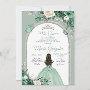 Zilver Mis Quince Dusty Green Bloemen Quinceañera Kaart