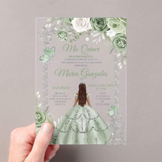 Zilver Mis Quince Sage Groen Bloemen Quinceañera Acryl Uitnodigingen (Insitu (Draagbaar))