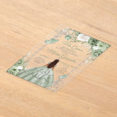 Zilver Mis Quince Sage Groen Bloemen Quinceañera Acryl Uitnodigingen (Laagn)