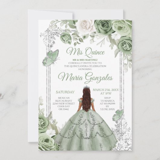 Zilver Mis Quince Sage Groen Bloemen Quinceañera Kaart (Voorkant)