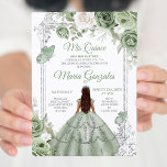 Zilver Mis Quince Sage Groen Bloemen Quinceañera Kaart<br><div class="desc">Sage Groen & Zilver Bloemen Quinceañera Uitnodiging Mis Quince Anos,  15e verjaardag, </div>