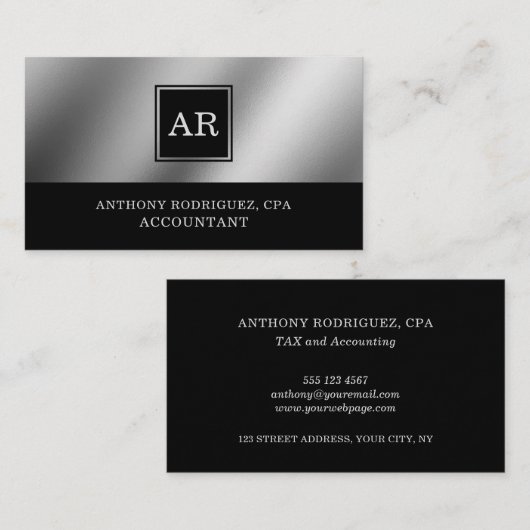 Zilver Modern Elegant Monogram Accountant Visitekaartje (Voorkant / Achterkant)