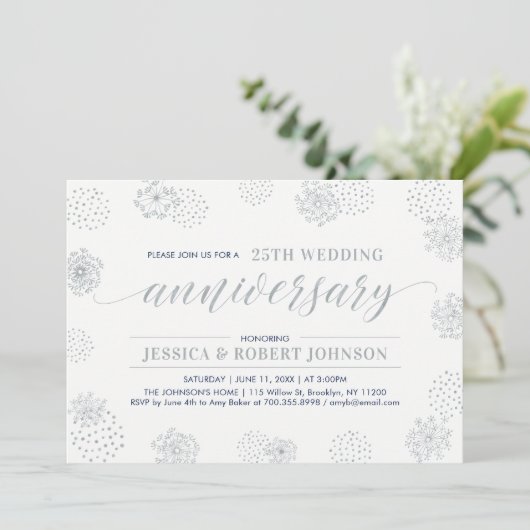 Zilver | Modern Floral 25th Wedding Jubileum Kaart (Staand voorkant)