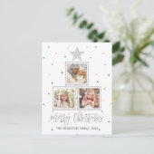 Zilver | Modern Merry Kerstmis 3 Foto Feestdagenkaart (Staand voorkant)