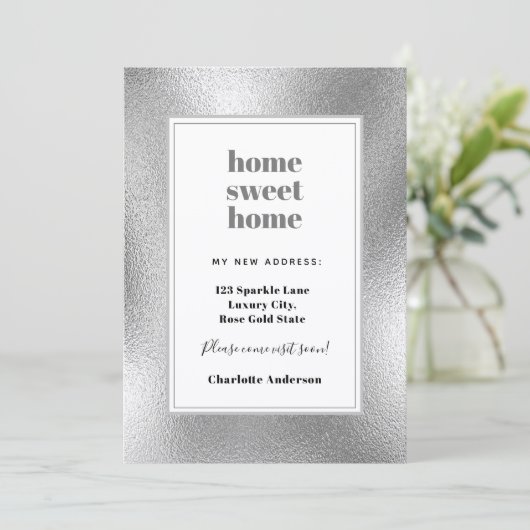 Zilver modern minimalistisch thuiszoet huis, beweg aankondiging (Staand voorkant)