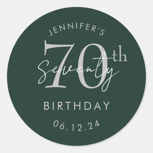 Zilver Modern Script 70ste Verjaardagsfeest Groen Ronde Sticker (Voorkant)