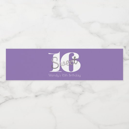 Zilver & modern, zoet 16 waterfles etiket (Enkel label)