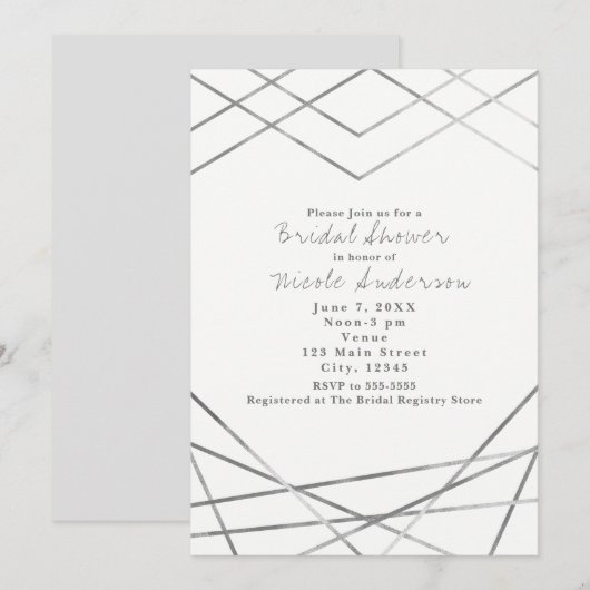 Zilver Moderne Geometrische Lijnen Party Uitnodigi Kaart (Voorkant / Achterkant)