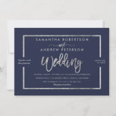 Zilver moderne typografie navy blue chic bruiloft kaart (Voorkant)