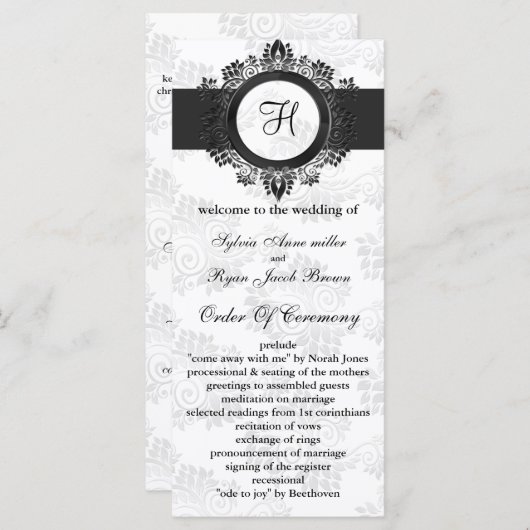 zilver monogram bruiloft programma programmakaart (Voorkant / Achterkant)