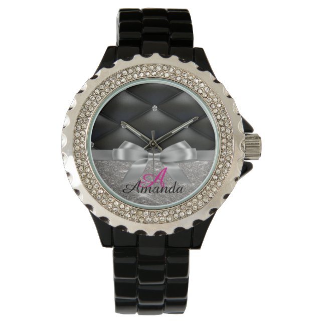 Zilver Monogram Glitter Zwart Horloge (Voorkant)