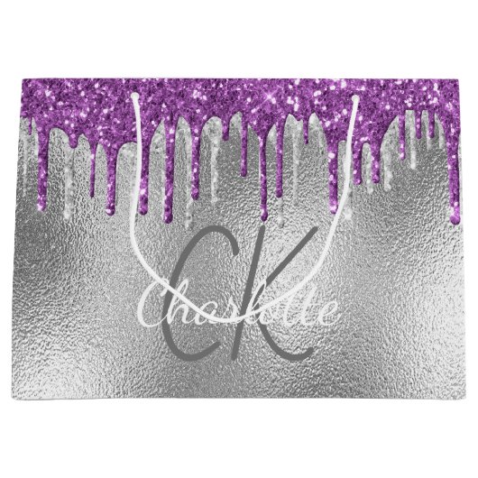 Zilver monogram heet modern elegant paars groot cadeauzakje (Voorkant)