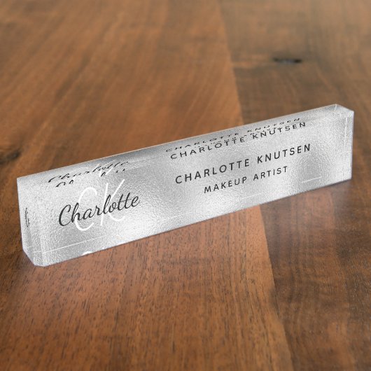 Zilver monogram moderne professional naambordje (Zijkant)