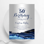 Zilver Navy Blauw Agaat Marmer 50e Verjaardag Kaart<br><div class="desc">Marineblauw en zilveren agaat 50ste verjaardag feestuitnodiging. Elegant modern ontwerp met een koningsblauwe waterverf agaat marmeren geode achtergrond,  faux glitter silver en typografie script lettertype. Trendy uitnodigingskaart perfect voor een stijlvol vrouwenfeest. Gedrukte Zazzle-uitnodigingen of direct download digitale afdrukbare sjabloon.</div>