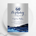 Zilver Navy Blauw Agaat Marmer 60e Verjaardag Kaart<br><div class="desc">Marineblauw en zilveren agaat 60ste verjaardag feestuitnodiging. Elegant modern ontwerp met een koningsblauwe waterverf agaat marmeren geode achtergrond,  faux glitter silver en typografie script lettertype. Trendy uitnodigingskaart perfect voor een stijlvol vrouwenfeest. Gedrukte Zazzle-uitnodigingen of direct download digitale afdrukbare sjabloon.</div>