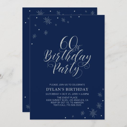 Zilver & Navy Blauw Modern Chic 60ste Verjaardagsf Kaart (Voorkant / Achterkant)