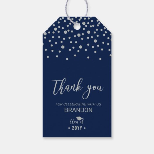 Zilver & Navy Blauwe Moderne Afstudeerfeest Favor Cadeaulabel (Voorkant)