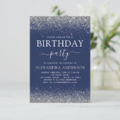 Zilver Navy Blue Any Age Birthday Modern Glitter Kaart (Staand voorkant)