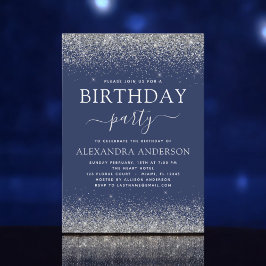 Zilver Navy Blue Any Age Birthday Modern Glitter Kaart