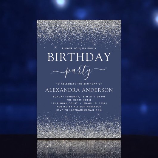 Zilver Navy Blue Any Age Birthday Modern Glitter Kaart