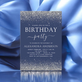 Zilver Navy Blue Any Age Birthday Modern Glitter Kaart