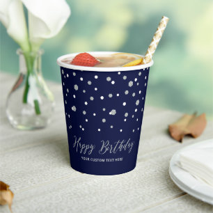 Zilver & Navy Blue Confetti Volwassenen Verjaardag Papieren Bekers