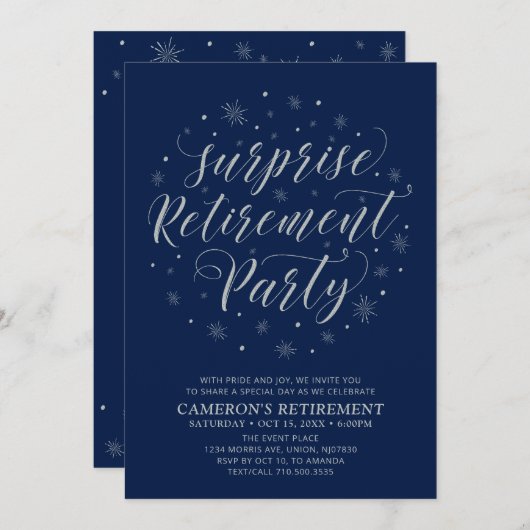 Zilver, Navy Blue Modern Surprise Retirement Party Kaart (Voorkant / Achterkant)