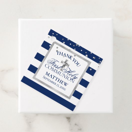 Zilver Navy Blue Stripes First Heilige Communeuche Bedankjes Labels (In situ)