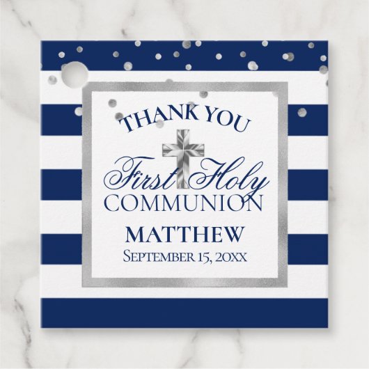 Zilver Navy Blue Stripes First Heilige Communeuche Bedankjes Labels (Voorkant)