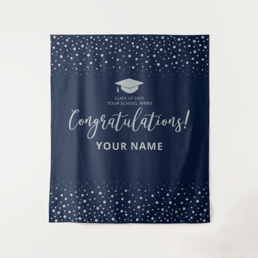 Zilver & Navy Confetti | Afstuderen Felicitaties Wandkleed (Voorkant)