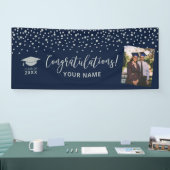 Zilver & Navy Confetti Felicitaties Afstuderen Spandoek (Beurs)