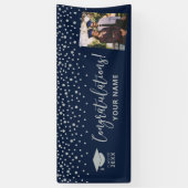 Zilver & Navy Confetti Felicitaties Afstuderen Spandoek (Verticaal)