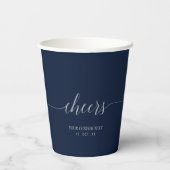 Zilver & Navy Elegant Script Proost Aangepast Fees Papieren Bekers (Achterkant)