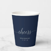 Zilver & Navy Elegant Script Proost Aangepast Fees Papieren Bekers (Voorkant)
