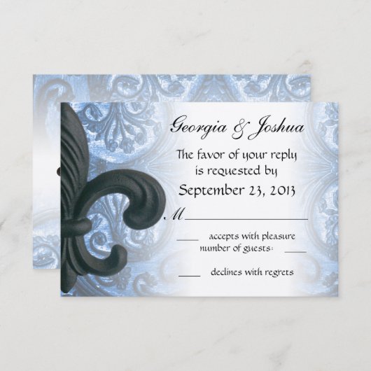 Zilver/Navy "iron fleur de lis" RSVP INVITATIE (Voorkant / Achterkant)