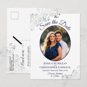 Zilver & Navy op Witte Trouw Save the Date Foto Aankondigingskaart